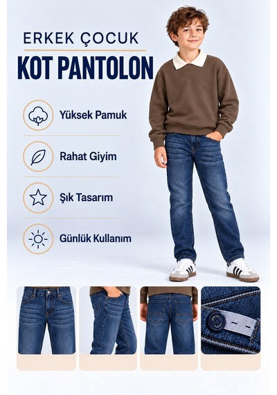 Ahengim Erkek Çocuk Desenli Kot Pantolon Düz Paça Jean Ak140493 Koyumavi