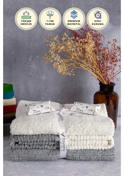 Line %100 Pamuk Luxury 6 Parça Havlu Hamam Seti - Gri Krem