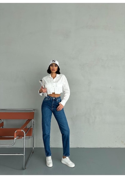 Zeo Basic Likralı Mom Jean Koyu Mavi Taşlamalı Koyu Mavi Taşlamalı