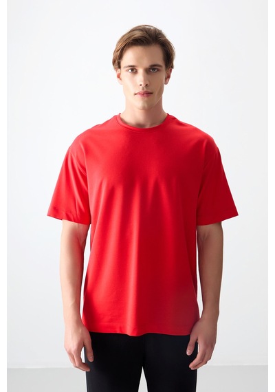 Air Jones Tommy Life Fiesta Pamuklu Kalın Yumuşak Dokulu Oversize Fit Basic Erkek T-shirt - 88377 Kirmizi