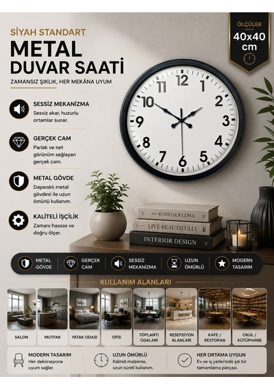 40 Cm Siyah Metal Standart Duvar Saati Standart Metal Siyah Kadran Pl-4001b