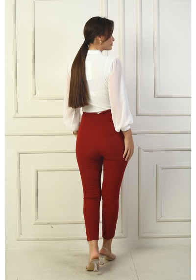 By Saygı Kadıni Pensli Dar Paça Pantolon Bordo