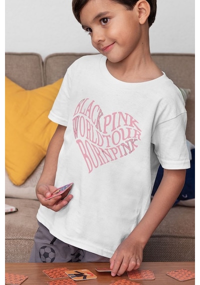 Sevbano Blackpink Kalp Baskılı Unisex Müzik Grubu Çocuk Tişört 1-12 Yaş Beyaz