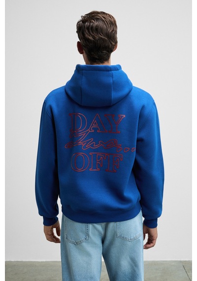 Grimelange BLAISE Erkek Önü Ve Sırtı Baskılı Kapüşonlu Kordonlu Kanguru Cepli Regular Fit Mavi Sweatshirt