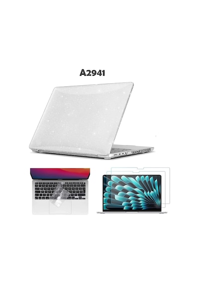 Apple Uyumlu MacBook Air 15 Inç M2 Çip A2941 Tam Alt Üst Kılıf + Klavye Kılıfı + Ekran Koruyucu Film Simli