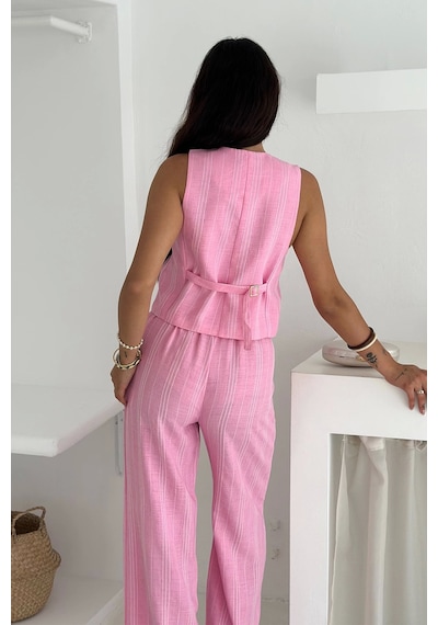 Asprin Fashion Çizgili Kumaş Yelek Takım Pembe Pembe