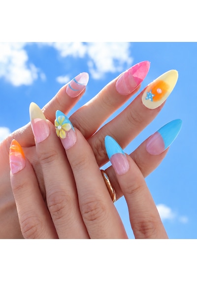 Takma Tırnak Renkli Nail Art Uzun Badem - 10'lu Tekrar Kullanılabilir El Yapımı Protez Takma Tırnak Eubd3043 M