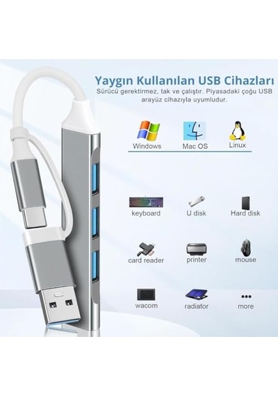 Lunatic 3360 Usb 3.0 Type C Hub 4 Port Çoklayıcı Çoğaltıcı Çevirici Dönüştürücü Adaptör 2'si 1 Arada Usb