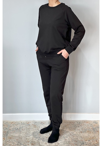 Kadın Sweatshirt Paçası Lastikli Eşofman Takımı 8006 Siyah Siyah