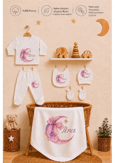 Pia Baby Kız Bebek Hastane Çıkışı Seti 10 Parça %100 Pamuk Kişiye Özel İsim Baskılı 106810yx Ekru