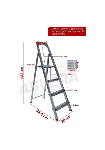 Asvera 3+1 4 Basamaklı Ev Tipi Pratik Profil Merdiven - Katlanabilir Sağlam Çelik Merdiven Diğer