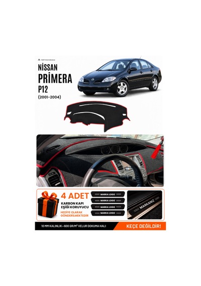 Nissan Primera P12 2001-2004 Uyumlu Torpido Örtüsü, Torpido Kılıfı - Siyah-kırmızı - Nı015