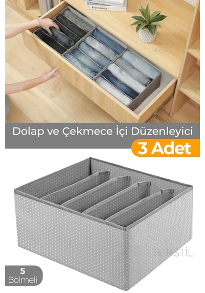 Serstil 3 Adet - 5 Bölmeli Dolap Ve Çekmece Içi Düzenleyici Saklama Kutusu Organizer - Gri Benekli