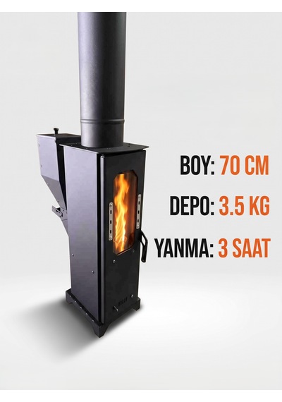 Kapalı Alan Ve Atölye Tipi Bacalı Pelet Sobası 70 Cm - Cam Kapaklı Ekonomik İç Mekan Isıtıcı