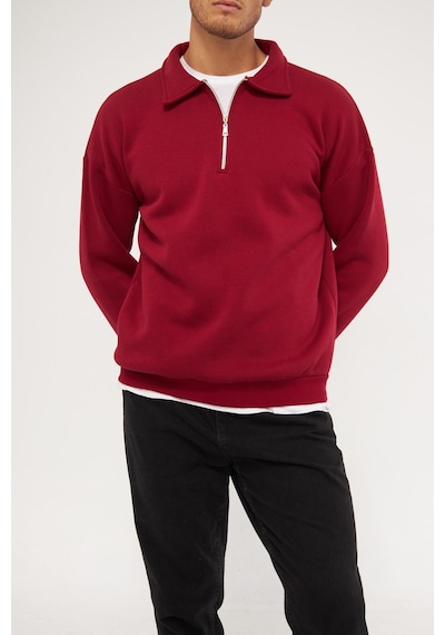 Ghassy Co. Erkek Polo Yaka Oversize Yarım Fermuarlı Sweatshirt Bordo