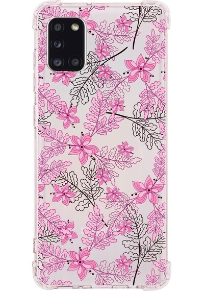 Samsung Galaxy A31 Uyumlu Köşe Korumalı Antişok Kapak Floral Pembe Tasarımlı Şeffaf Kılıf