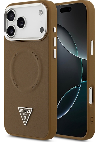 Apple Uyumlu iPhone 17 Pro Kılıf Guess Lisanslı M-safeli Pu Deri Metal Kamera Çerçeve Üçgen Logo Kapak Kahverengi Kahverengi