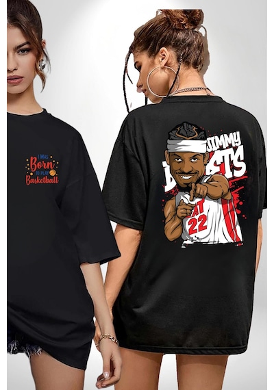 Jimmy Butler Basketbol Siyah Oversize Unisex Ön Ve Sırt Baskılı Tişört Siyah