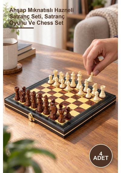 4 Adet Satranç Takımı Ahşap Mıknatıslı Hazneli Satranç Seti, Satranç Oyunu Ve Chess Set