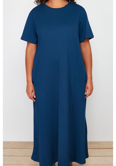 Ersefa Moda Stil Relaxed Bisiklet Yaka Midi Boy Büyük Beden %100 Pamuk Ö Lacivert