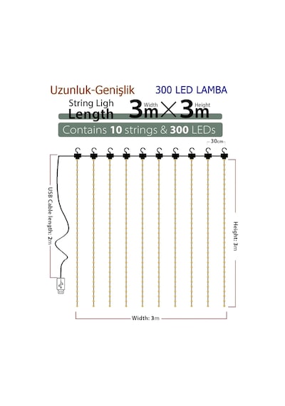 8 Fonksiyonlu Peri Perde Led Uzaktan Kumandalı Günışığı Perde Peri Led 3 Mt X 3 Mt Renkli Çok Renkli
