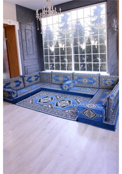 Şark Köşesi Takımı Konsepti Mavi Yahyalı Modeli Koltuk Takımı Sünger Dahil 15 Parça