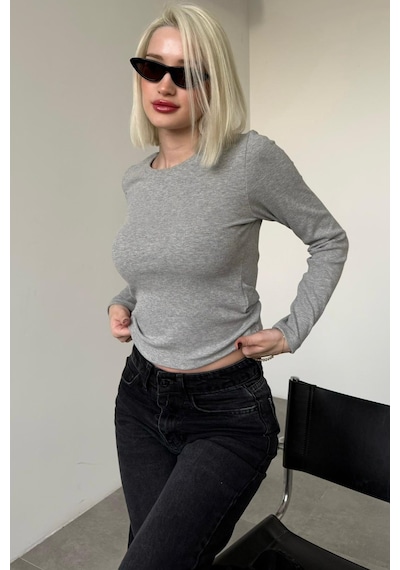 Madmext Gri Bisiklet Yaka Slim Fit Kadın Body Mg2564 Gri