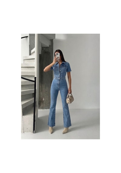 Bluemarlin Kısa Kol Buz Kar İspanyol Paça Likralı Denim Tulum Buz Kar