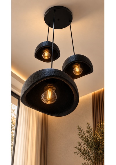 Beton Görünümlü 3'lü Sarkıt Avize Bohem Modern İskandinav Salon Yemek Masası Rustik Led Ampul Hediyeli Siyah