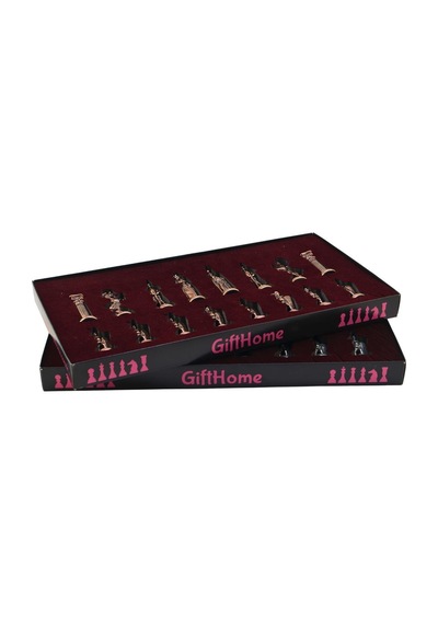 Gifthome Battal Boy Metal İngiliz Satranç Takımı Antik Ve Katlanır Ceviz Desenli Mdf Satranç Tahtası 43x43 Cm.
