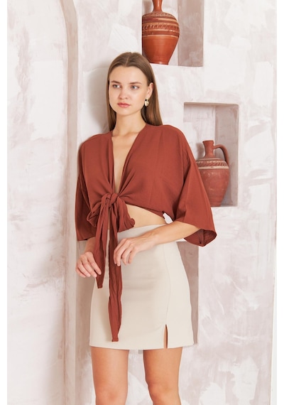 Darlin Moda Kadın Bej Yırtmaçlı Mini Etek Dm2016 Bej
