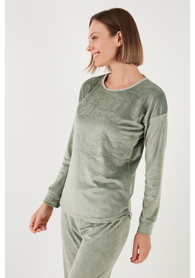 Lela Standart Fit Bisiklet Yaka Yumuşak Kadife Bayan Pijama Takımı 6094202 Mint