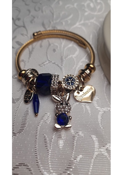 Uzel Çelik Bileklik Sarı Gold Model Kalpli Tavşan Charmlı Mavi