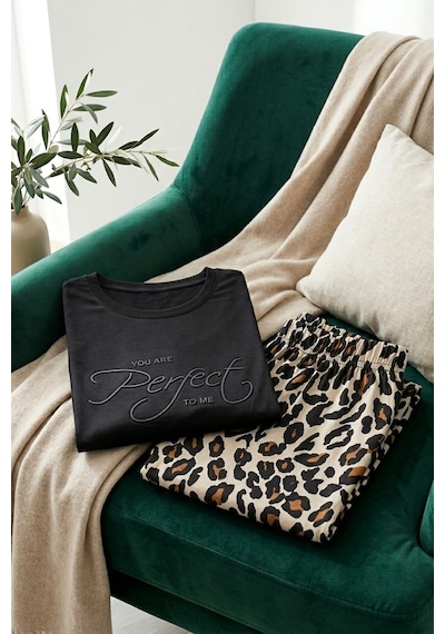 Aura Collections Kadın Desenli Bambu Viskon Uzun Kollu Soft Örme Mevsimlik Pijama Takımı Siyah
