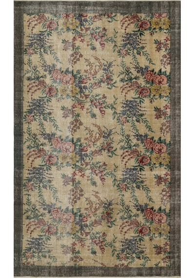 Romantik Vintage Gül Desenli Eskitme Ipek Yün Pers Halı - 148x237 Cm 9982