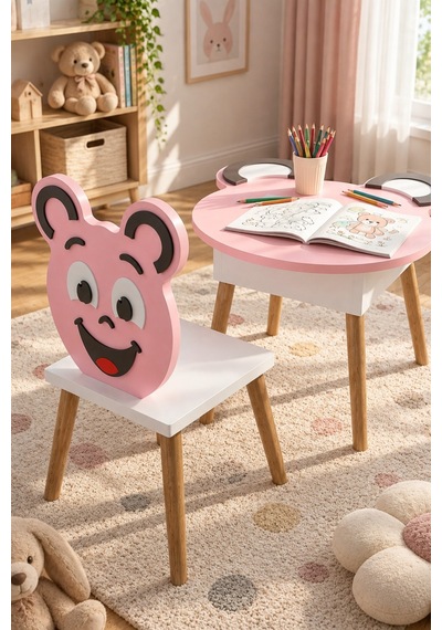 Sulorahome Happy Face Çocuk Masa Ve Sandalye Seti Pembe Pembe - Beyaz