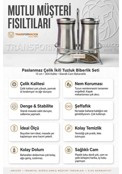İkili Tuzluk Biberlik Seti 13 Cm 18/10 304 Paslanmaz Çelik Standlı Cam Baharatlık 723495 Diğer
