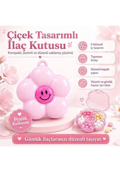 Sunup Sn-38886 Hap İlaç Saklama Kutusu 5 Bölmeli Çiçek Tasarımlı Taşınabilir Anahtarlıklı Organizatör