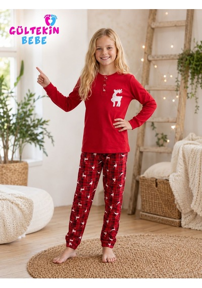 Tarık İnterlok Kumaş Geyik Nakışlı Kız Pijama Takımı 11-16 Yaş -ta6736470 - Kırmızı