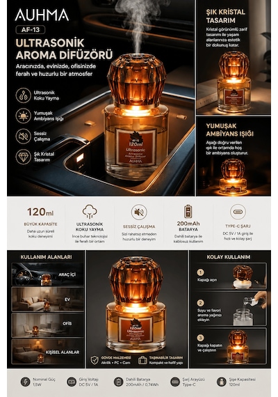 Auhma Af-13 120ml Şarjlı Ultrasonik Araç Koku Difüzörü Sarı Ambiyans Işıklı Forest Esans Aroma Yayıcı