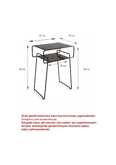 Retro Yan Sehpa, Metal Sehpa, Cam Sehpa, Salon, Yatak Odası, Antre Füme Cam Siyah