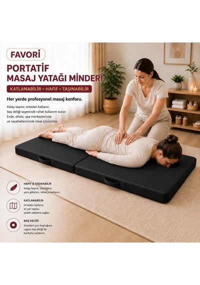 Masaj Yatağı Portatif Katlanabilir Masaj Yatağı Minderi 6 Cm Sünger 180x70 Cm Siyah