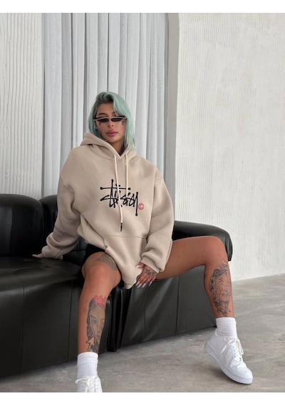 Kadın Oversize Kapüşonlu Cepli Baskılı 3 İplik Pamuklu Hoodie Sweatshirt - Bej