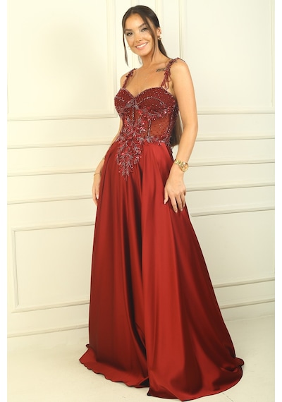 By Saygı Askılı Boncuk-pul İşlemeli Balenli Transparan Astarlı Saten Uzun Abiye Elbise Bordo By Saygı Askılı Boncuk-pul İşlemeli Balenli Transparan Astarlı Saten Uzun Abiye Elbise Bordo