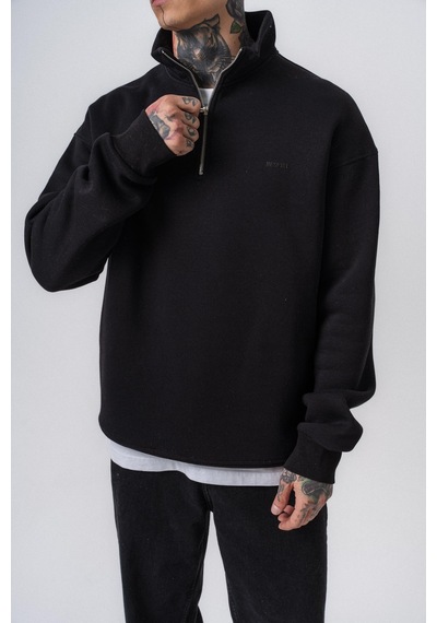 Erkek Respire Yazı Detaylı Yarım Fermuarlı Basic Sweatshirt Siyah