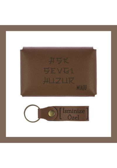 Miaju Kahve Renk, Aşk Sevgi Huzur Yazılı İsme Özel, Cüzdan Ve Anahtarlık Set, Anneye, Teyzeye Özel Hediye Kahve Kahverengi
