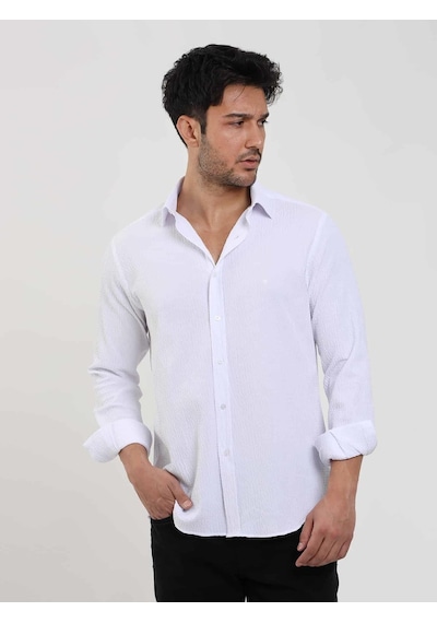 Dufy Beyaz Erkek Slim Fit Gofre Desenli Brent Yaka Uzun Kol Gömlek - 104795-beyaz Beyaz