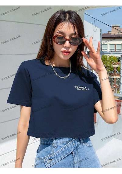 Flood Of Style Crop Ckod-232913 Dazy Yazılı Baskı Kısa Kollu Lacivert
