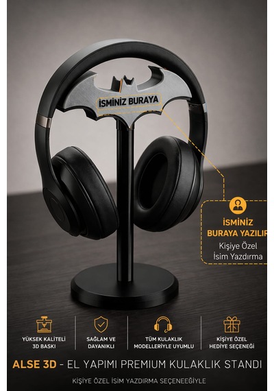 Batman Logolu Kişiye Özel İsimli Oyuncu Kulaklık Standı - Premium Kulaklık Tutucu Askı