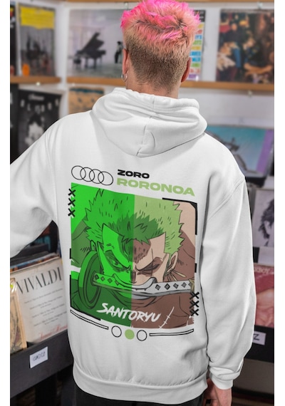Sevbano Roronoa Zoro One Piece Sırt Baskılı Unisex Oversize Penye Hoodie beyaz